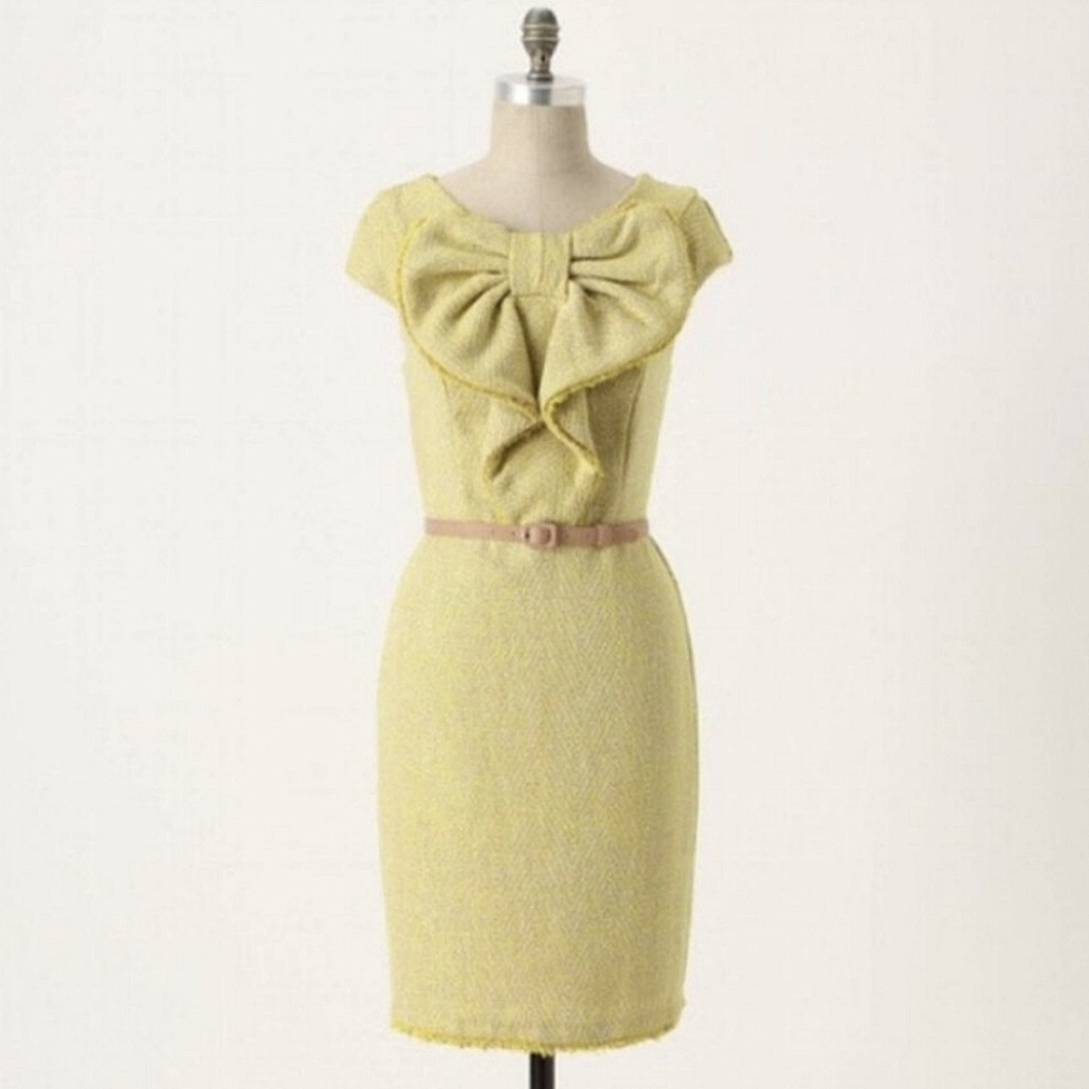 Eva Franco Chartreuse Tweed Bow Dress - Anthropologie Vintage Retro Pin-Up - Picture 2 of 7